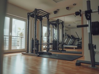 Modern gym equipment in a fitness center with large windows. AI.
