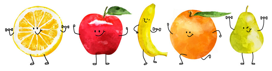 Fruit character watercolor png cut out element set