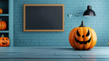 The room is decorated with other pumpkins, creating a spooky atmosphere