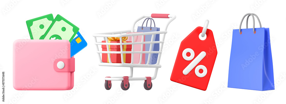 Poster 3d shopping objects png element set on transparent background