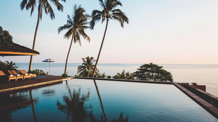 Upscale spa destination offering infinity pools with ocean vistas, amidst lush tropical gardens and swaying palm trees. Perfect for advertising wellness escapes or luxury holidays.

