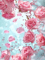 Pink rose water splash with rose petals, ample copy space