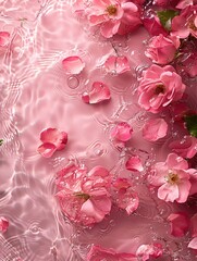 Pink rose water splash with rose petals, ample copy space