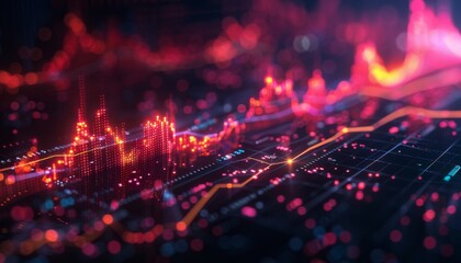 Holographic financial chart, dynamic data visualization, dark theme, neon accents