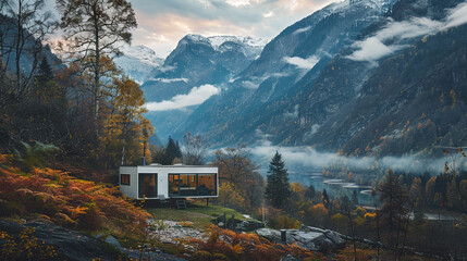 A modern wooden house with panoramic windows in the middle of a breathtaking autumn mountain landscape
