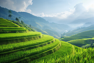 Serene Rice Terraces Under a Cloudy Sky