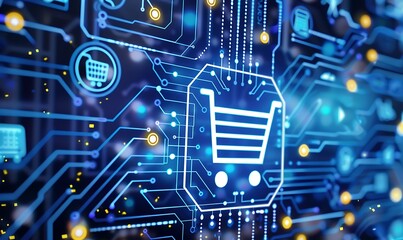 Digital Shopping Cart Icon on a Circuit Board