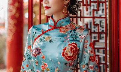 Obraz premium beautiful Chinese woman in embroidered blue cheongsam with red trim, floral pattern with peonies, traditional hairstyle, modern street scene with red metal lattices, close-up in soft light