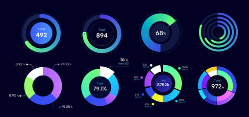 set of colorful cool pie chart in dark background. © buuujh