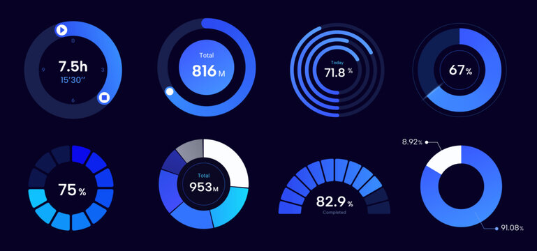 set of blue cool pie chart. technology visual chart.