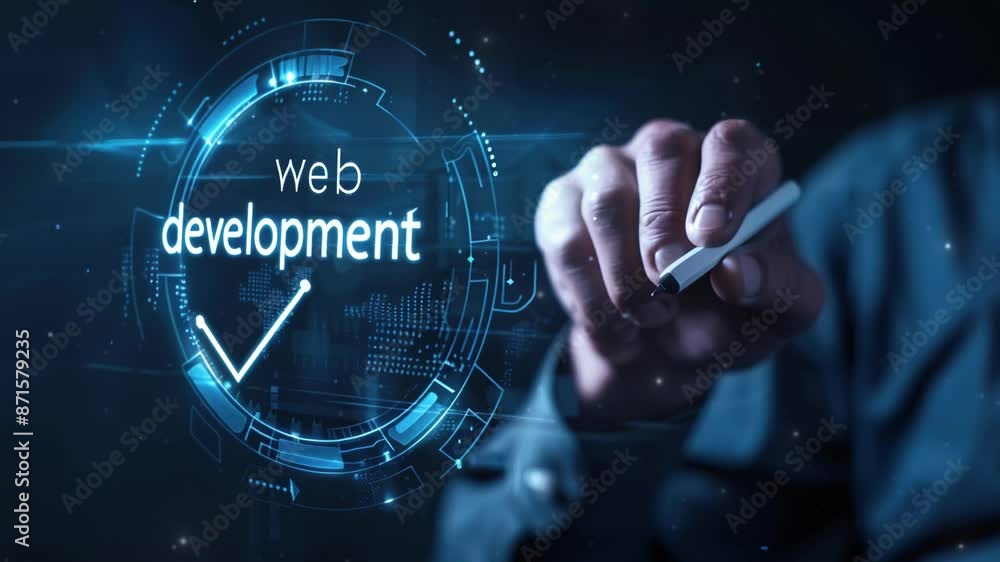 Poster technology background. businessman checks a mark on a virtual screen with the text 