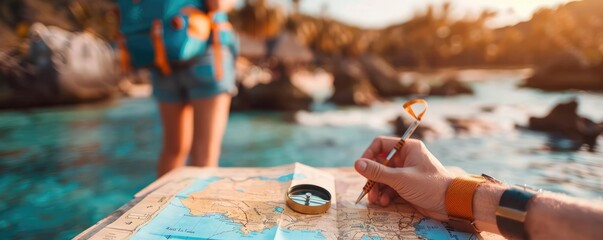 Backpacker planning a route with a map and compass, freedom, adventure planning and exploration