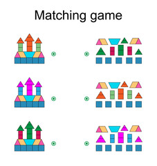 Fototapeta premium Matching game for kids. Find the correct color of cartoon fortress and match.