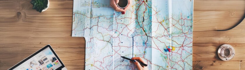 Obraz premium Couple planning a vacation with maps and laptops, planning, travel security and freedom