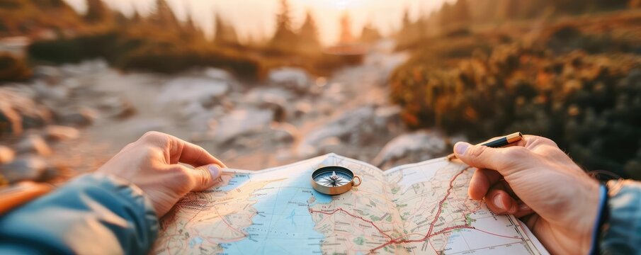 Backpacker planning a route with a map and compass, freedom, adventure planning and exploration - Powered by Adobe