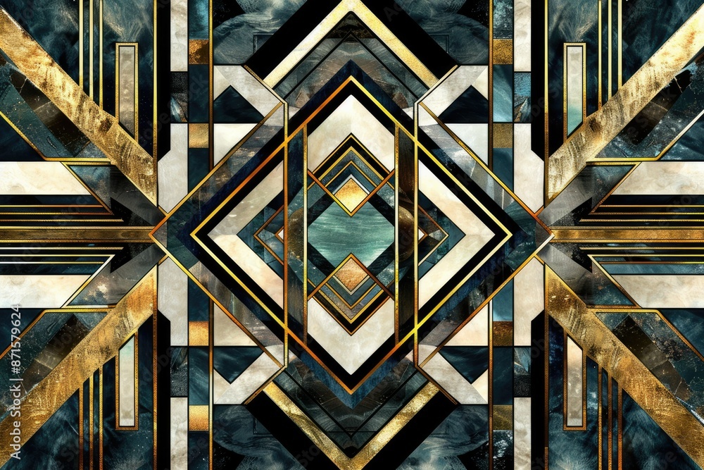 Poster art deco design with intricate geometric patterns in black and gold, creating a stylish composition 