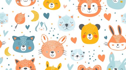 A playful pattern featuring various cute animal faces and hearts, ideal for children's textiles or wallpaper