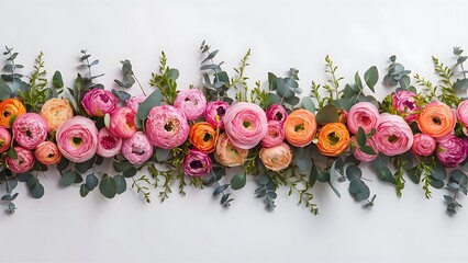 Floral border of pink and orange ranunculus hyacinth and eucalyptus on a white background top view