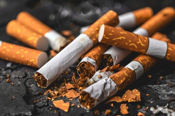 The rotten cigarette is a symbol of smoking addiction and promotes the health concept of quitting smoking. This image emphasizes the negative effects of smoking on health.
