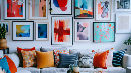 A gallery wall filled with an array of eclectic frames, each showcasing a unique abstract art piece.