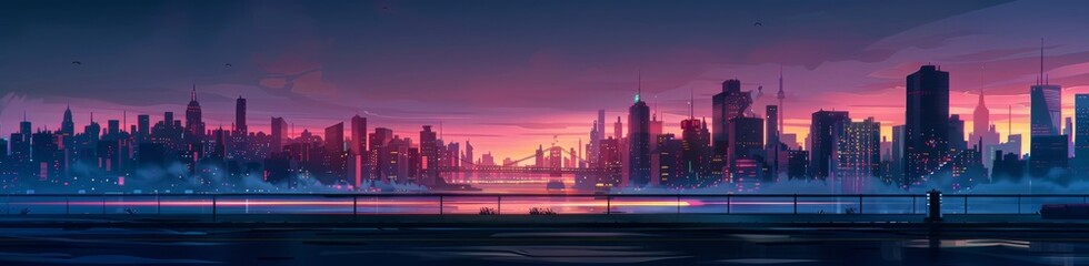 Fototapeta premium a beautiful cityscape on dawn viewed by the side of the road