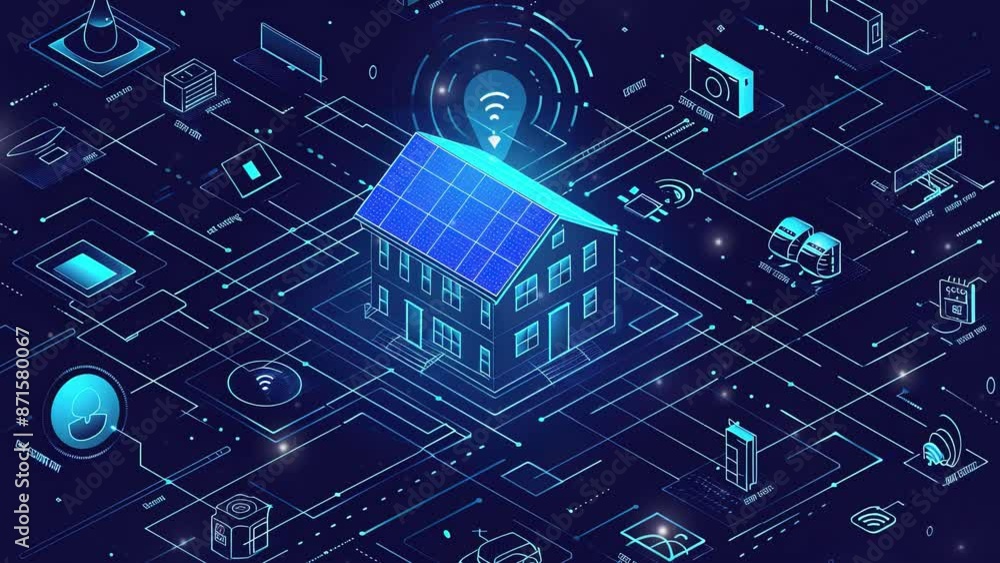 Poster digital smart home technology concept. smart home technology background with icons representing vari