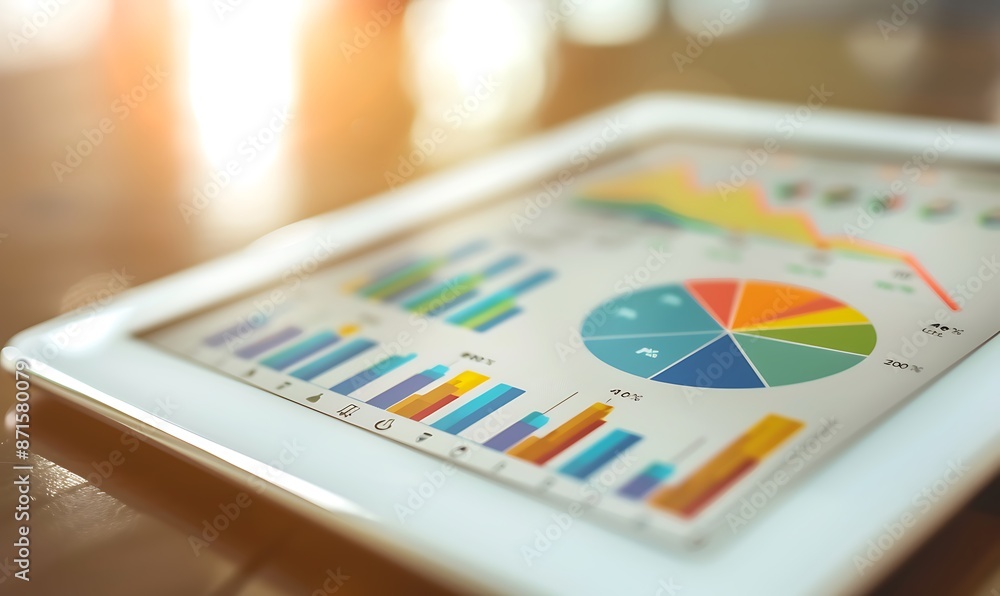 Poster tablet displaying business charts and graphs