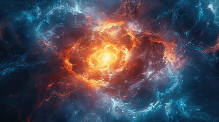 A blue abstract background with electric colors and energy-like waves, radiating from the center.
