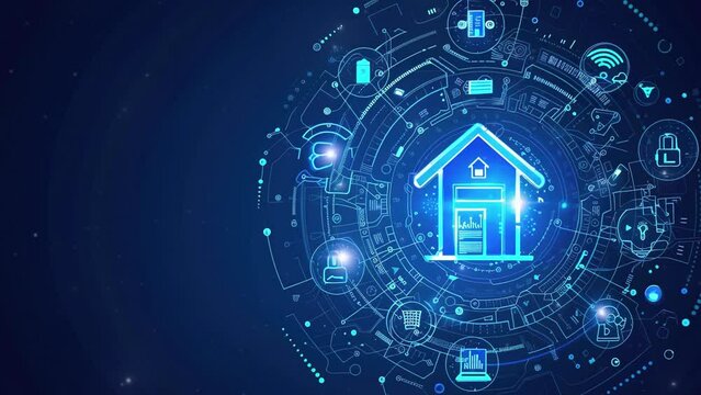 Digital smart home technology concept. Smart home technology background with icons representing various connected devices and services. Futuristic smart home technology. Future technology home remote 