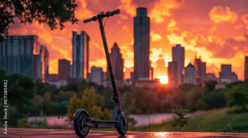 Wall mural urban freedom: e-scooter commuting at sunset with city skyline backdrop