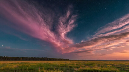 Obraz premium Fallow field in flower on a spring evening, golden aurora borealis, the sky is blue and pink.