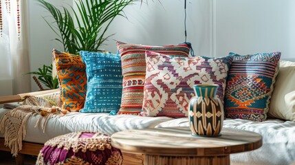 Patterned pillows on couch near wooden table and plant in dimly lit apartment White backdrop Actual image