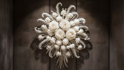 Bouquet of lovely white ornamental flower made of material and plastic hanging on a wall as part of interior