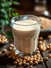 Fototapeta premium Splash of white soy milk with soybeans, ample copy space
