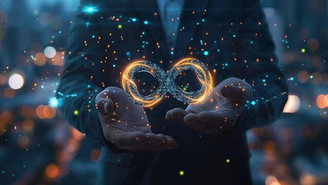 Business concept for endless technology. Businessman holding a virtual digital symbol of an infinity sign with a global network. Business technology abstract futuristic. Modern technology. 4K   