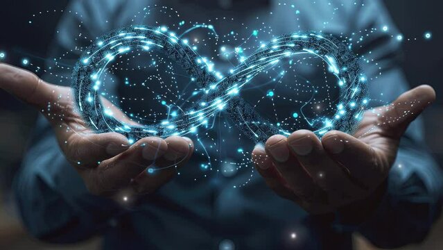 Business concept for endless technology. Businessman holding a virtual digital symbol of an infinity sign with a global network. Business technology abstract futuristic. Modern technology. 4K   