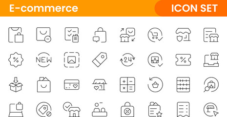 E-Commerce set of web icons in line style. Online shopping icons for web and mobile app. Business, mobile shop, digital marketing, bank card, gifts, sale, delivery. Vector illustration