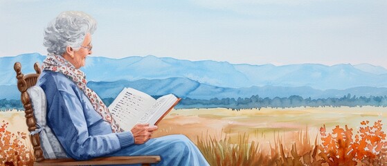 A senior woman reading to her grandchild, watercolor, warm tones, detailed