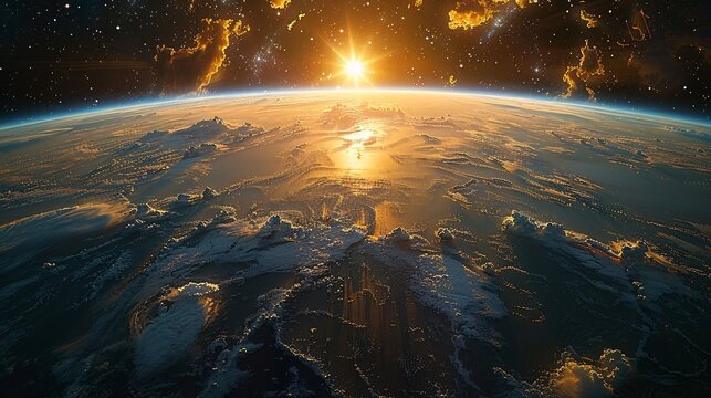 A beautiful, abstract 3D globe bathed in golden sunrise light, with wispy clouds and a blue ocean reflecting the vibrant sky