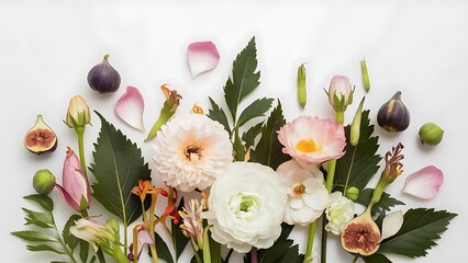 Floral concept with flowers leaves petals buds and figs isolated on white