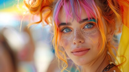 Non-binary individual with vibrant hair color and a piercing gaze, set against a blurred pride parade background