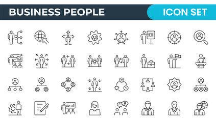 Business Outline Icon Set Collection. Business Management linear vector icon designs for web, media, and app interfaces. Business or organization management icon set. Solid icons vector collection.
