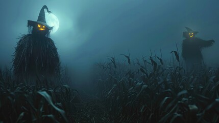 Spooky Halloween Night in Haunted Cornfield with Eerie Scarecrows and Ghostly Moon Shadows