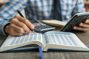 Bank manager balancing a budget book and calculator, balance, financial planning