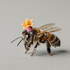 Tiny bee with a flower hat ,isolate ,minimal, simple background
