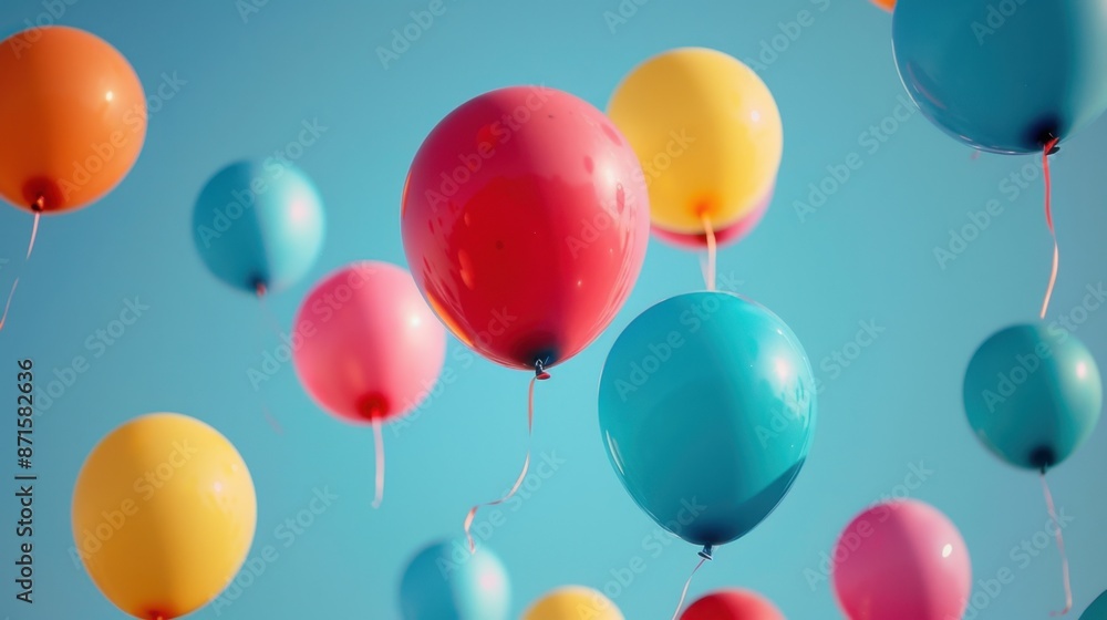 Poster bright colorful balloons floating in a clear sky, capturing the feeling of euphoria with a minimal b