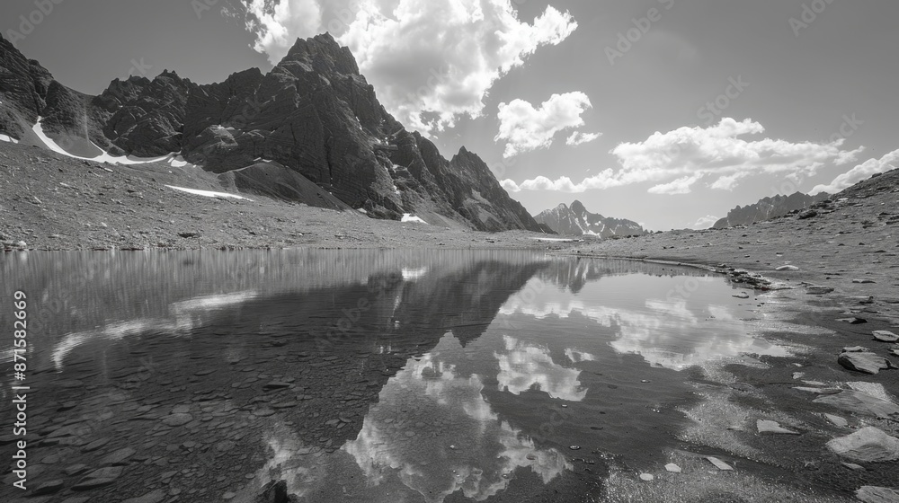 Poster a tranquil mountain lake reflecting the sky and peaks, creating a scene of serenity and minimal beau