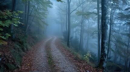 Obraz premium A foggy forest path with limited visibility, creating an enigmatic and minimal atmosphere.