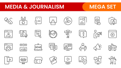 Set of thin line icons news, mass media, and fake news. Outline symbol collection. related to media, social networks, public journalism, communication, and networking. icon. Outline icon collection.
