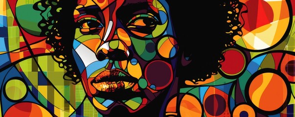 A colorful painting of a man's face with a black nose. Free copy space for text.